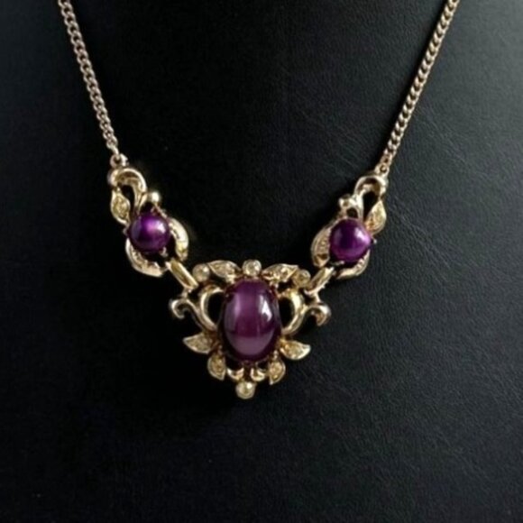 Vintage Coro Necklace, Purple Cabochon Statement Necklace, Mid Century Signed Je - Picture 3 of 8
